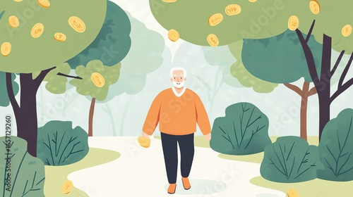 A cheerful elderly man walks through a lush, green park, with floating coins around him, symbolizing prosperity and happiness.