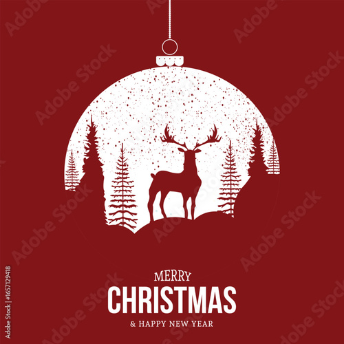 Merry Christmas and Happy New Year greeting card with reindeer silhouette in Christmas bauble ornament on red background – vector illustration,
