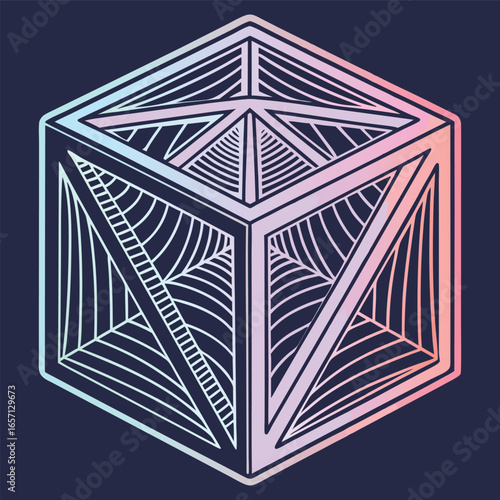Abstract 3d fractal cube with vibrant neon rainbow gradient for advertising and banners