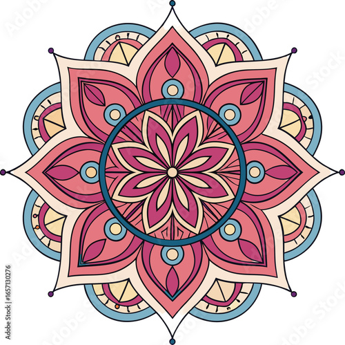 Vibrant symmetrical circular mandala design with rich color palette and geometric patterns