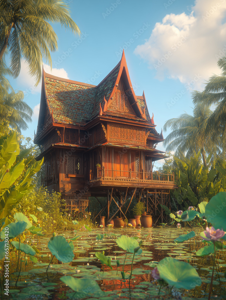 Obraz premium Traditional thai house rising over a serene pond with water lilies