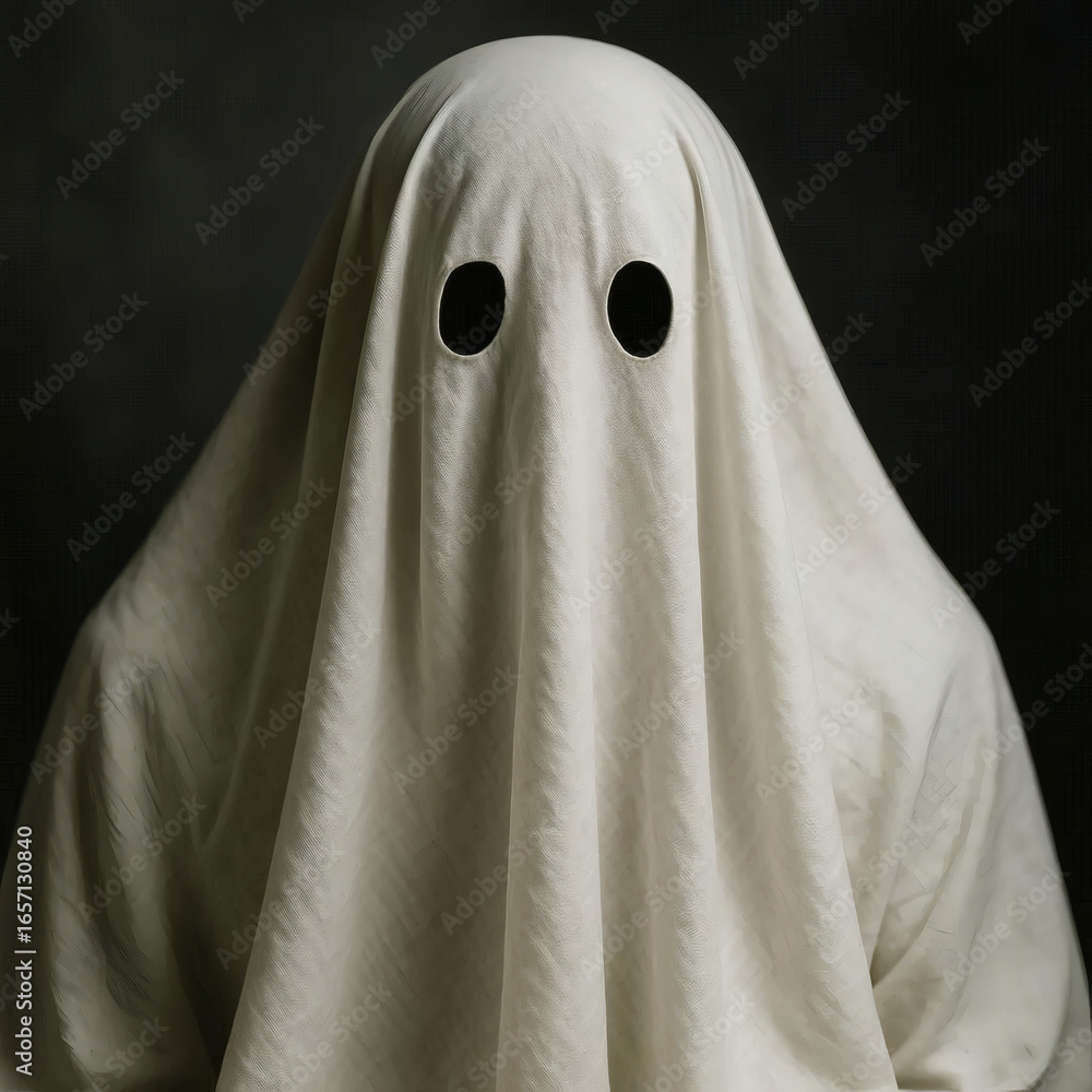 A spooky ghost costume made from a white sheet with two black eye holes, set against a dark background, perfect for halloween night A spooky ghost costume made from a white sheet with two black eye holes, set against a dark background, perfect for halloween night