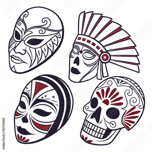 Global festival mask icon set featuring venetian designs for diverse celebrations