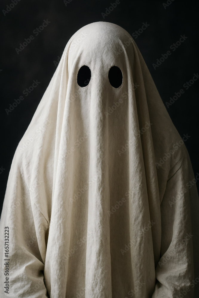 A classic ghost costume with a white sheet and dark eye holes, perfect for halloween or spooky themed events, set against a dark background A classic ghost costume with a white sheet and dark eye holes, perfect for halloween or spooky themed events, set against a dark background