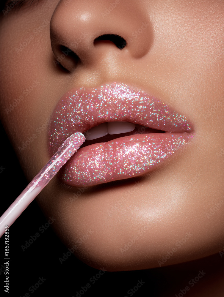 Obraz premium Woman applying pink glitter lip gloss with applicator: close-up beauty shot