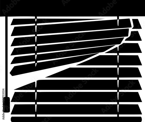 Black and white image of window blinds slightly tilted open.