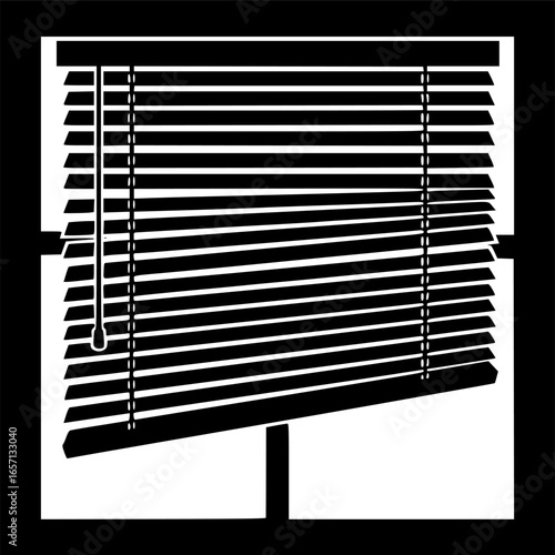 Black and white image of window blinds slightly tilted open.