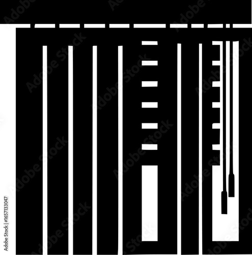 Black and white image of window blinds slightly tilted open.