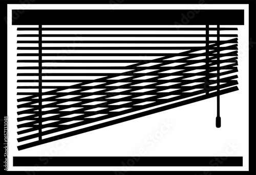Black and white image of window blinds slightly tilted open.