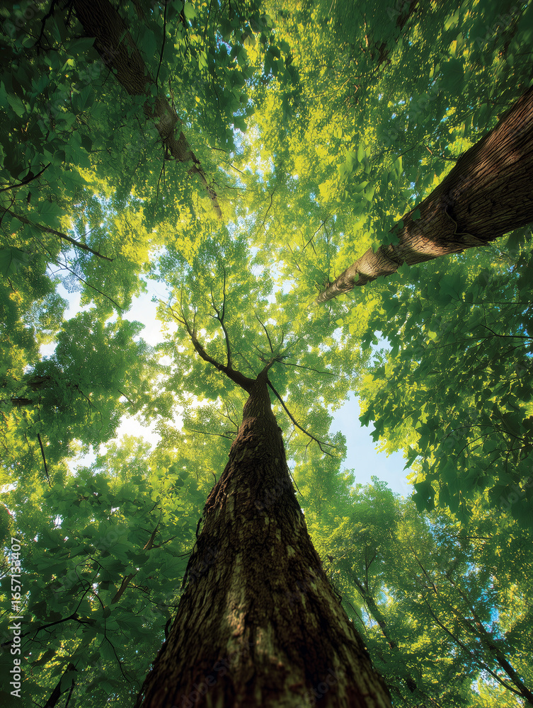 Naklejka premium Sunlight filtering through green leaves in forest canopy