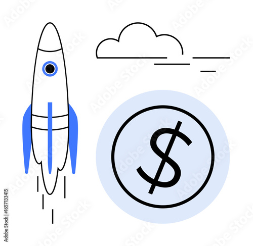 Rocket taking off alongside a dollar sign in a blue circle with clouds above. Ideal for business growth, startups, investment, innovation, financial success, economic progress, simple flat metaphor