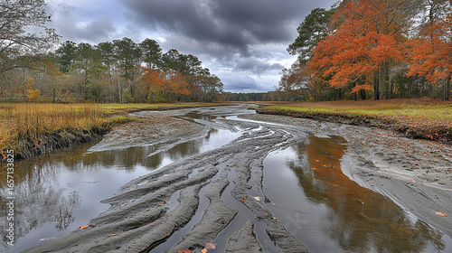 Autumnal creek winding through a marshland