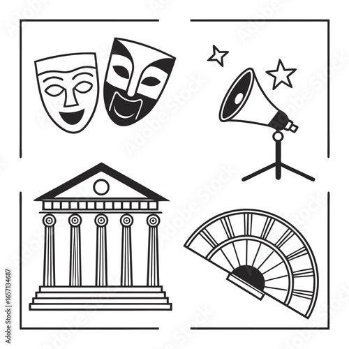 A comprehensive collection of cultural icons representing theater and performance arts featuring diverse elements for creative projects