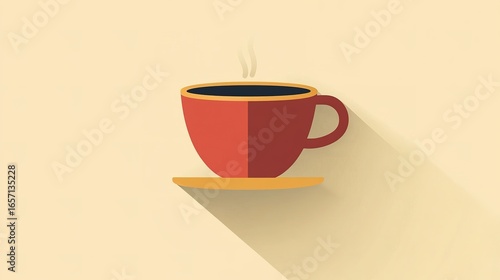 A minimalist illustration of a red coffee cup with steam, resting on a yellow saucer against a light beige background.