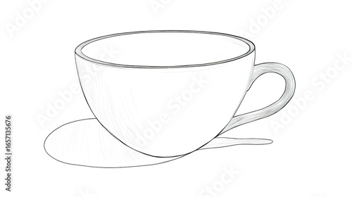 A simple line drawing of a teacup, featuring a rounded bowl and a handle, casting a subtle shadow on a flat surface.