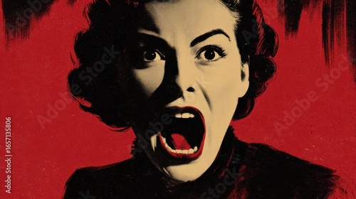 Classic pulp fiction style 1950s woman screaming in terror with red vintage horror poster aesthetic