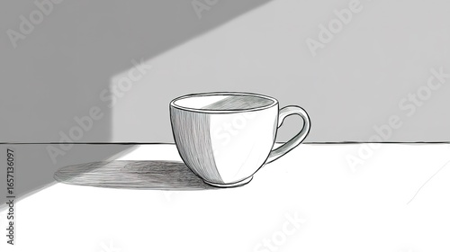 A simple, sketched cup resting on a table, casting a shadow in soft light, creating a minimalist and serene atmosphere.