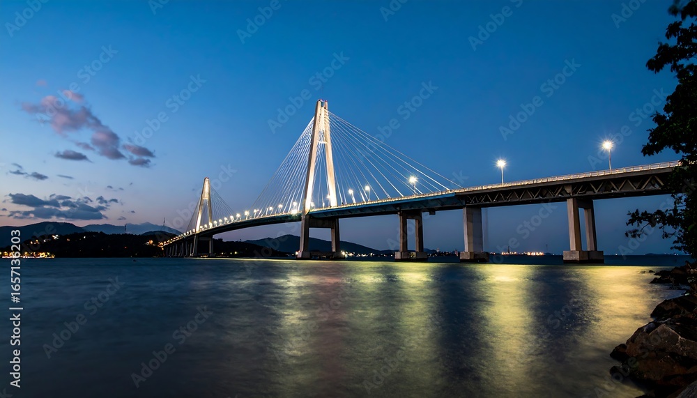 Fototapeta premium Illuminated cable-stayed bridge at twilight