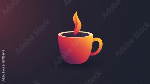 A colorful, stylized illustration of a coffee cup with steam rising from it, set against a dark background.