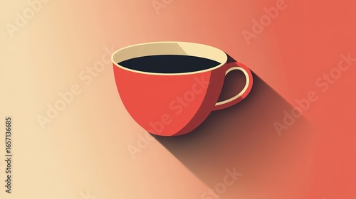 A minimalist illustration of a red coffee cup filled with black coffee, featuring a subtle shadow against a gradient background.