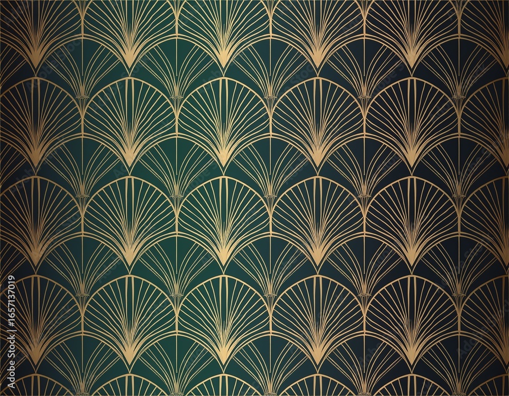 elegant art deco floral pattern with gold outlines and green leaves elegant art deco floral pattern with gold outlines and green leaves