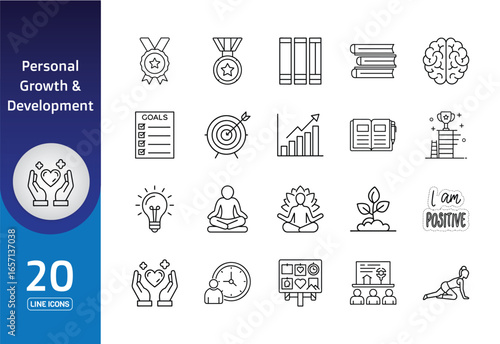 Personal development & growth vector illustration icon set contains meditation, goal setting