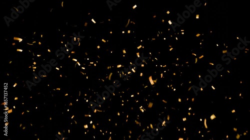 golden foil confetti pieces falling on black background. Festive celebration decoration for parties, events, holidays, birthdays, and New Year’s design