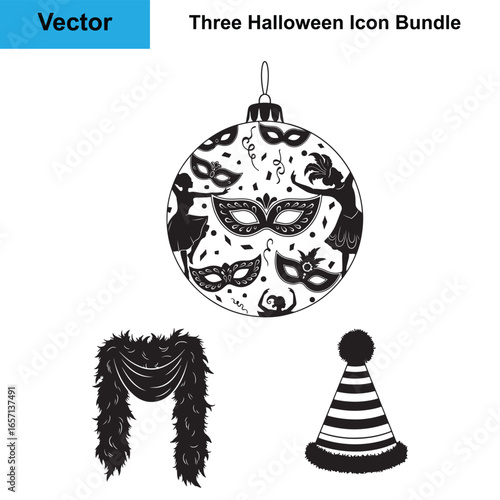 Costume Party Mask Ball Feather Boa Party Hat Silhouette Halloween Vector Bundle