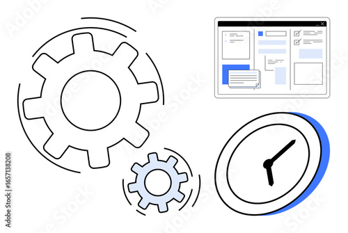 Gears in motion, clock face, and user interface page suggestive of efficiency, system optimization, and productivity. Ideal for time management, workflow, strategy, innovation business development