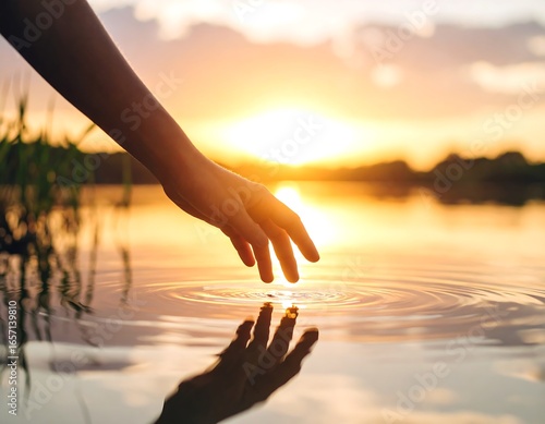 Hand touching sunset water.