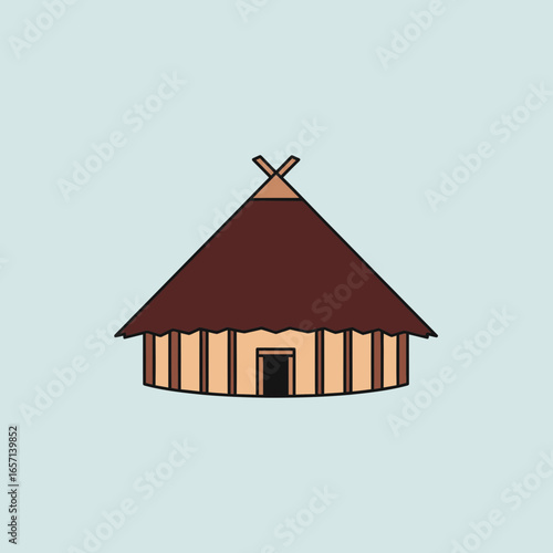 A simple drawing of a traditional hut with a thatched roof.