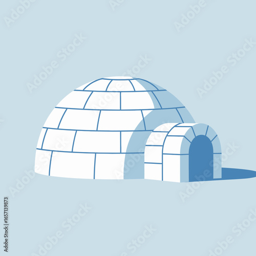 White igloo structure with blue entrance against pale blue background.