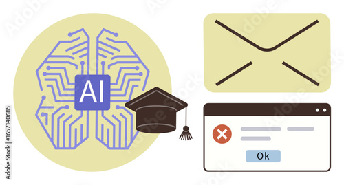 AI-brain wiring next to graduation cap, envelope, error notification window. Ideal for AI, learning, automation, communication, digital tools problem-solving innovation. Minimalist flat metaphor