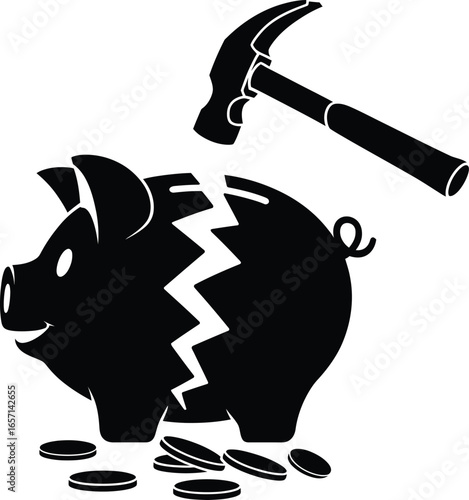 Broken Piggy Bank with Hammer and Coins – Savings Money Crisis Icon Vector