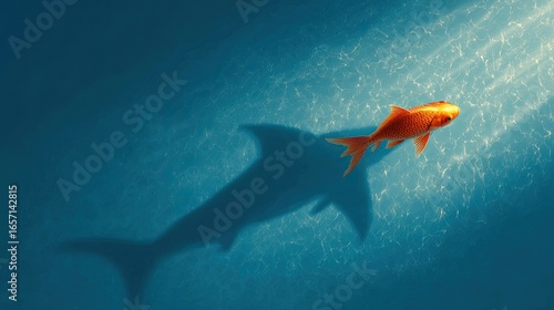A goldfish swimming in clear water casting a giant shark shadow below. Perfect for creative projects, business metaphors, ambition, and inspirational visuals.
