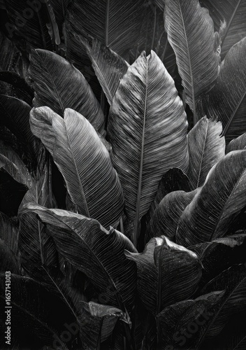 Monochrome tropical leaves, garden backdrop, sunlight, nature texture, print design