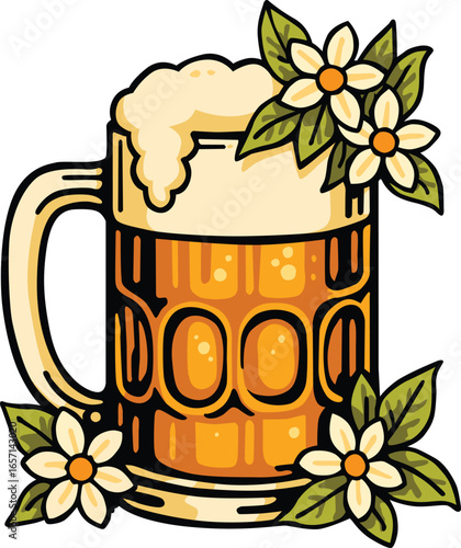 Beer mug with frothy foam and decorative flowers, traditional Oktoberfest drink concept perfect for festival, brewery, pub, bar, party, and German celebration seasonal themes