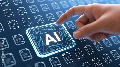 Fingertip touches glowing AI icon amidst digital documents, symbolizing future technology and data.