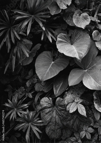 Monochrome Tropical Foliage Wall, Lush Garden, Nature Texture
