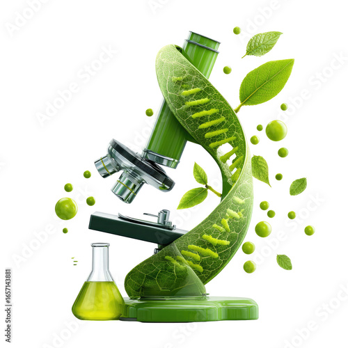 Green microscope and DNA entwined with leaves and bubbles