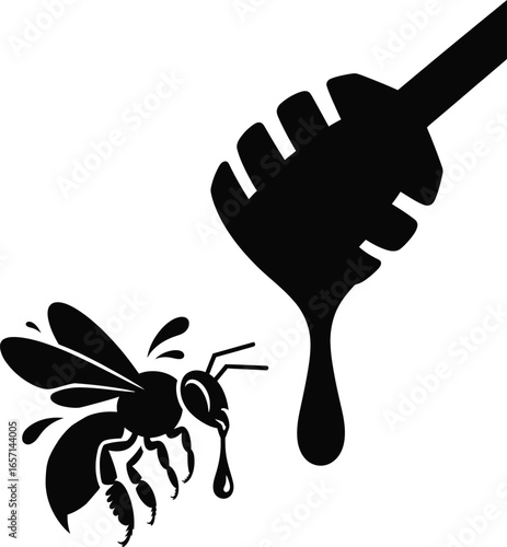 Bee with Honey Dripper Icon – Sweet Honeycomb Insect Symbol Vector