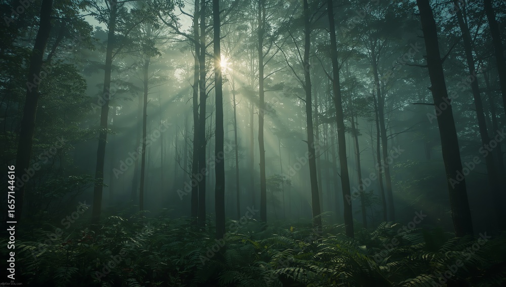 Fototapeta premium A tranquil scene of god rays shining through a dense, misty forest canopy, symbolizing hope and new beginnings in nature.