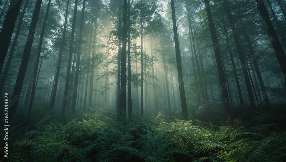 Obraz premium Magical sunbeams filtering through the misty canopy of an ancient, atmospheric forest.