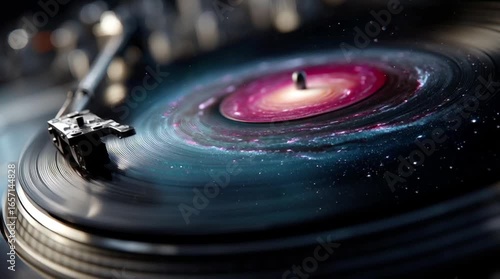 Vinyl Record on Turntable Creatively Resembles Galaxy with Swirling Colors and Cosmic Patterns, Evoking Sense of Wonder, Imagination, and Creativity in Music and Space