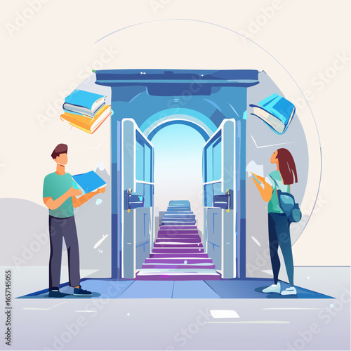 Illustration of students exploring a metaverse learning space. Represents immersive digital education and the future of classrooms.