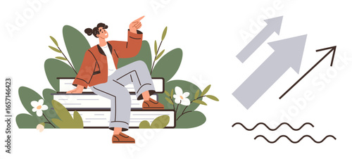 Woman seated on a bench surrounded by plants, pointing upwards with growth arrows and waves emphasizing progress, direction, and personal growth. Ideal for career, growth, development, education