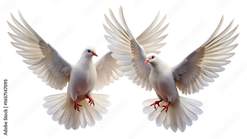 Obraz premium Two white doves flying with wings spread, symbolizing peace, freedom, and hope, isolated on transparent background