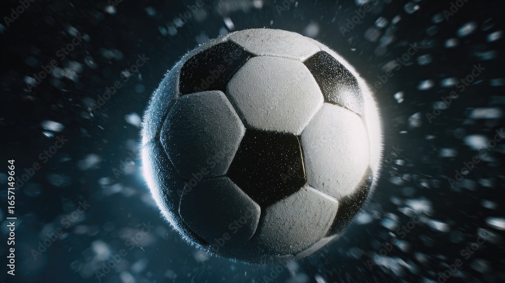 Fototapeta premium Soccer ball, fast motion, dark background, energy, sports promo