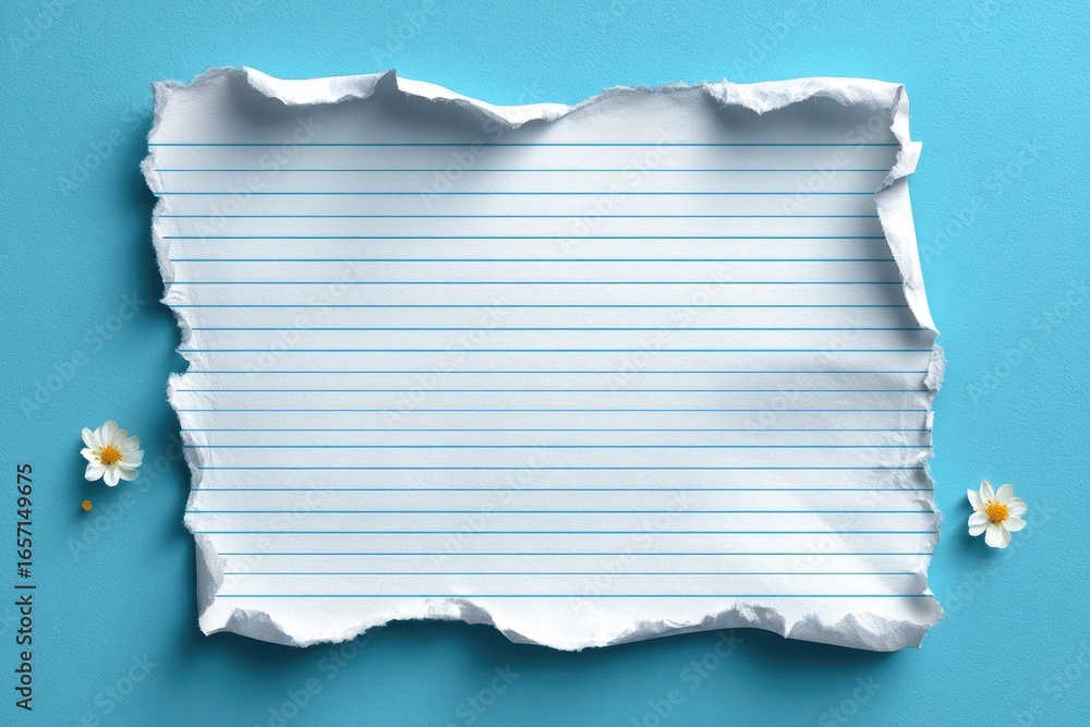 Obraz premium Ripped lined paper on a light-blue background, with small white flowers