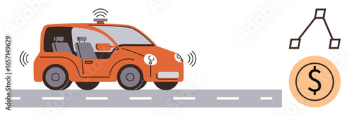 Self-driving car with sensors on highway, connected nodes, and cost icon. Ideal for AI, transportation, connectivity, future tech, innovation smart vehicles economy. Simple flat metaphor